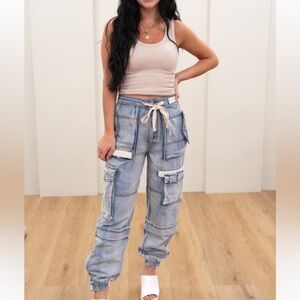 Brand New, Never worn POL Denim Blue Jean Cargo Joggers w/ White Accents Large